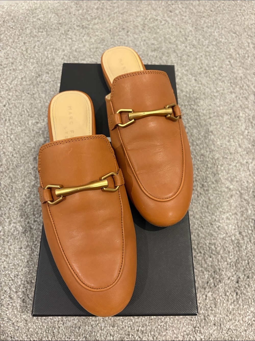 Marc Fisher Cognac Leather Slip-On Loafers with Gold Bit